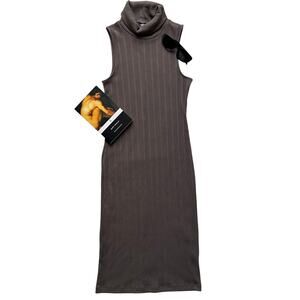 Nine West Grey Taupe Turtleneck Sleeveless Ribbed Midi Dress Size Medium